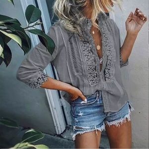 Summer Cotton Crochet Lace Quarter Sleeve Top
